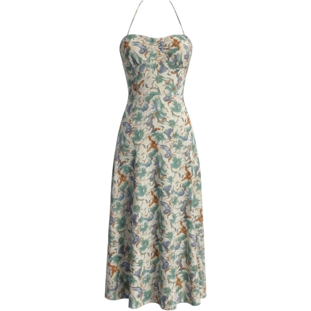 NWT Anna-Kaci California Floral Halter Maxi Dress Lace Up Back Teal Blue Size L